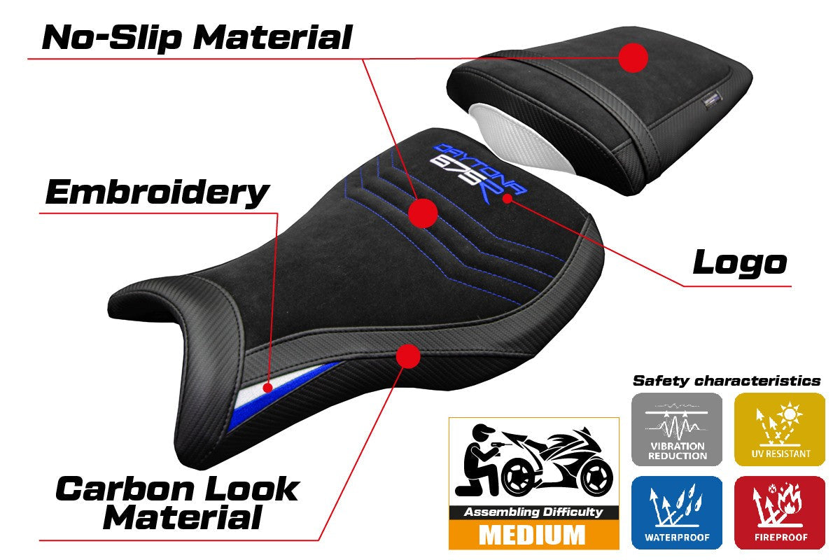 Tappezzeria Italia Triumph Daytona 675R 2006-2012 Seat Cover Velvet White Blue Black