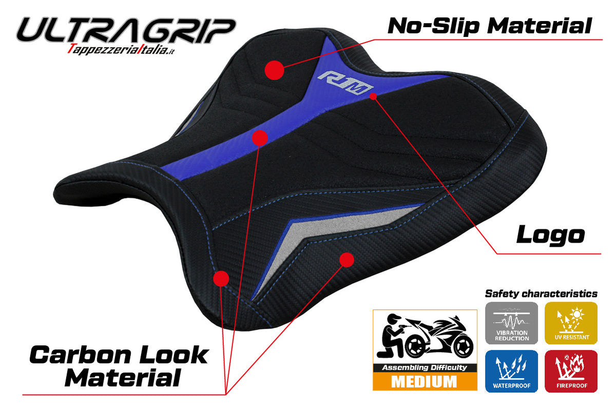 Tappezzeria Italia Yamaha YZF R1M 2015-2025 Rider Seat Cover Ultragrip in Blue and Silver