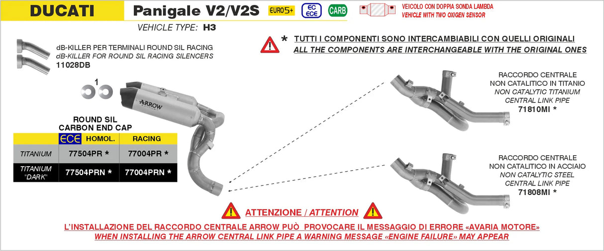 Arrow  Ducati Panigale V2/V2s E5+ 2025 Rh/Lh Round Sil Titanium Dark Silencers + Stainless Steel Link Pipe 77504prn